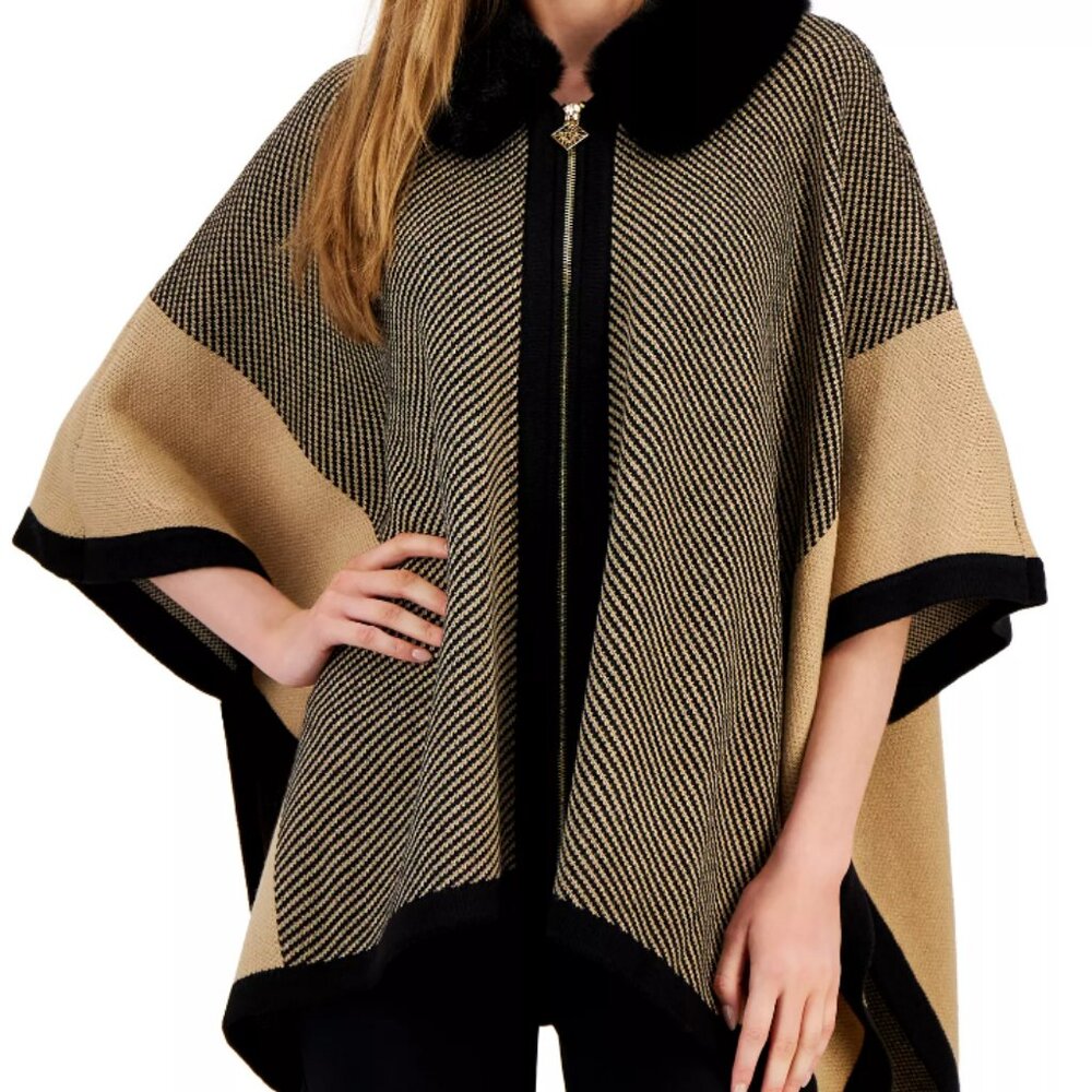 ANNE KLEIN Women’s Size S/M Tan/Black Zip Front Poncho w/Faux Fur Collar Coat